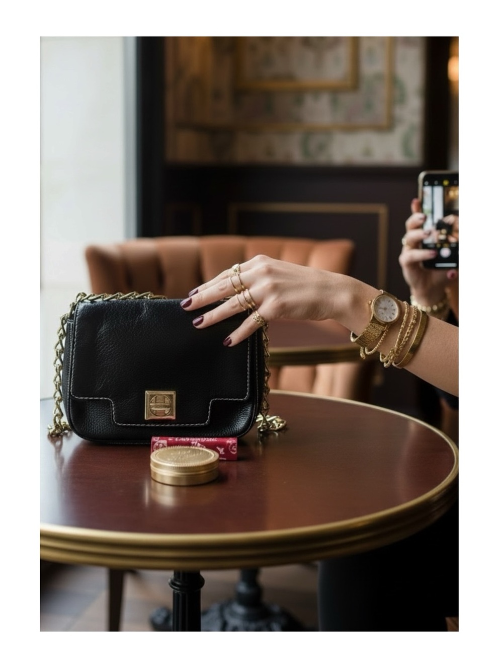 Kate Spade  Iconic Turnlock Gold Chain Handle Mini Bag Handbag  Black Leather